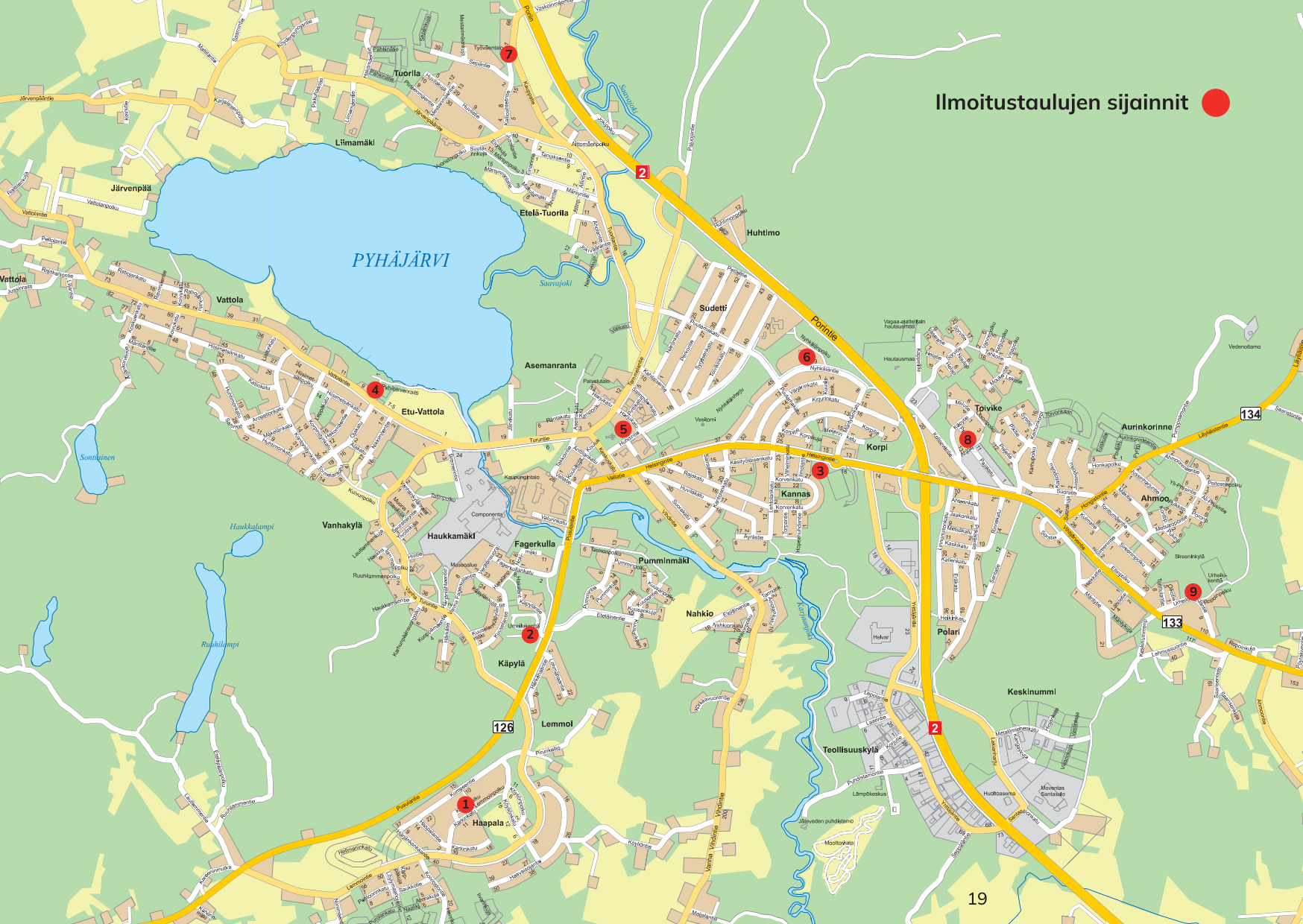 Karttakuva ilmoitustaulujen sijainneista