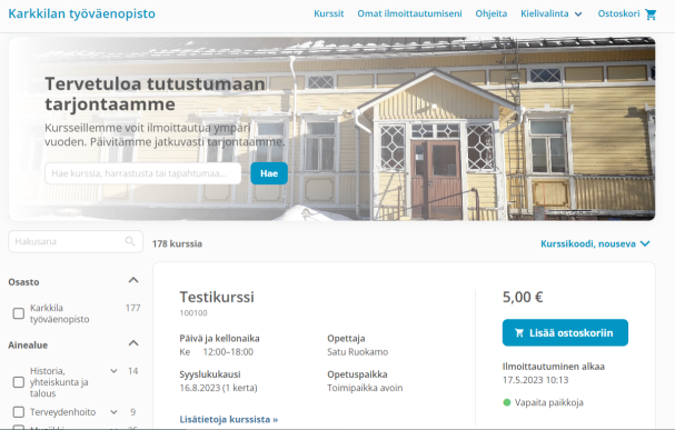 Kuva työväenopiston uudesta ilmoittautumisivustosta